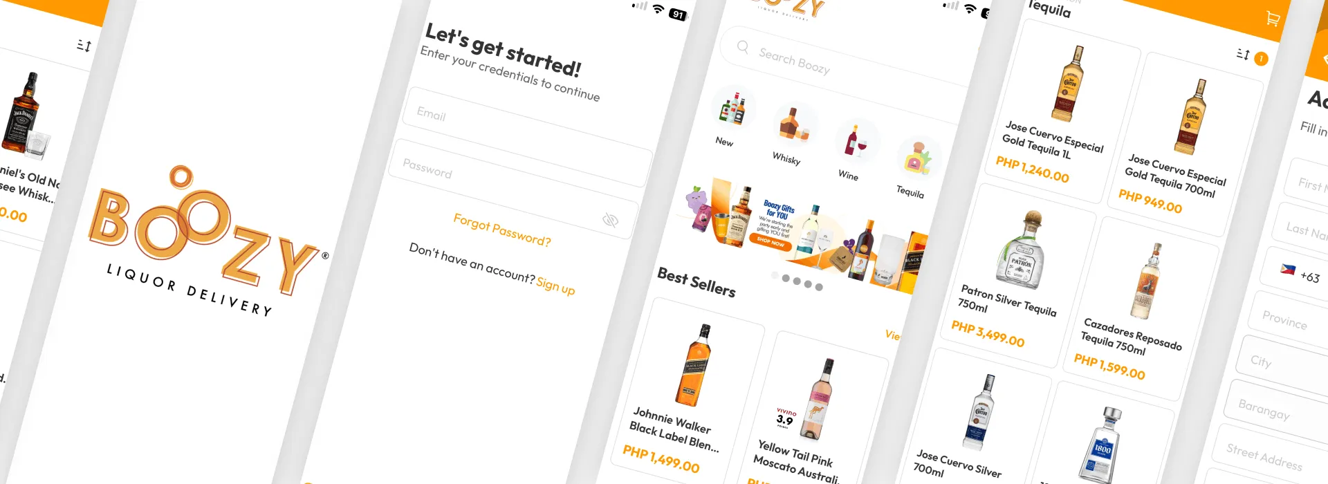 Boozy mobile app - splash, login, home, and product screens