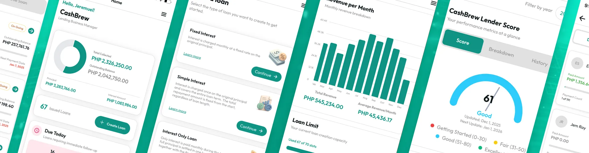 CashBrew mobile app - loan management and borrower tracking interface